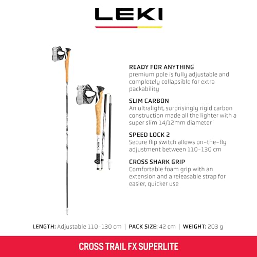 LEKI Cross Trail FX Superlite Trekking Poles - Foldable Collapsible Carbon Lightweight Poles for Hiking & Trail Running
