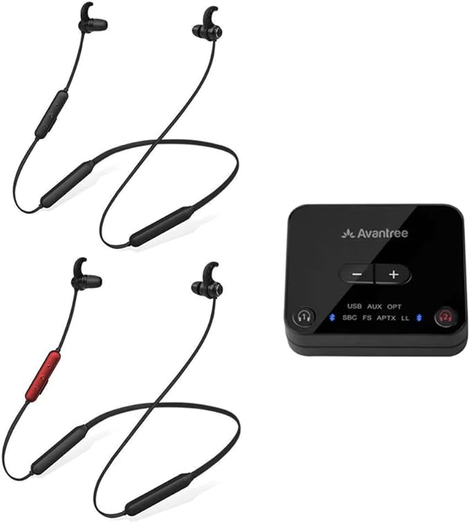 Avantree HT41866 - Wireless Earbuds for TV Listening (Set of 2), 20H Neckband Headphones with Bluetooth Transmitter for Optical Digital Audio, RCA, 3.5mm Aux Ported TVs, Plug & Play, No Audio Delay