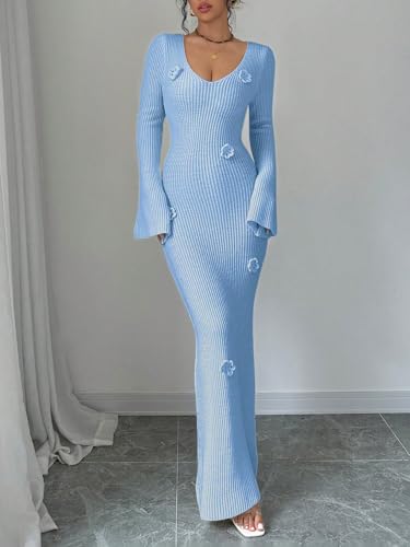 SISKIN Maxi Slimming Fitted Sweater Dress Long Sleeve Ribbed Bodycon Knit Winter Baby Shower Dress