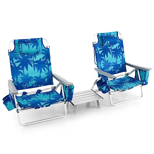 Goplus Beach Chair, Folding Backpack Beach Chairs for Adults with 5 Positions, Head Pillow, Cooler Bag, Towel Bar, Cup Hol...