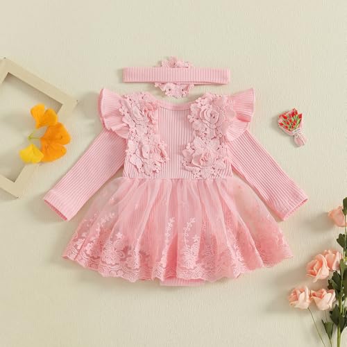 Baby Girl Romper Dress Lace Flowers Baby Dress Romper Infant Fall Winter Festival Clothes with Bow Headband