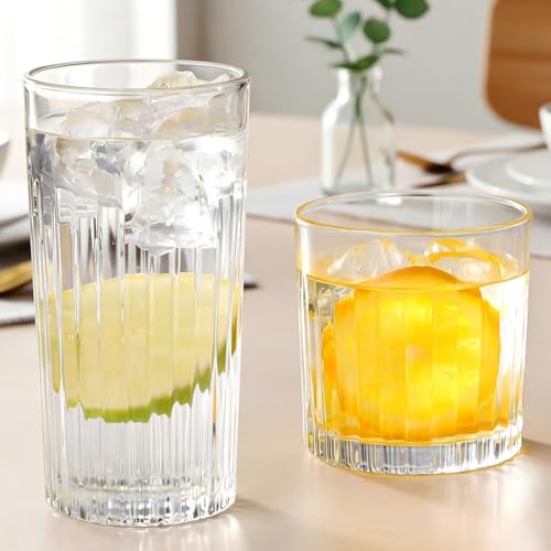 Laerjin Drinking Glasses Set of 8, 12 oz Highball Glasses & 10 oz Cocktail Glasses Set, Ribbed Glass Cups,Thick Glass Cup...