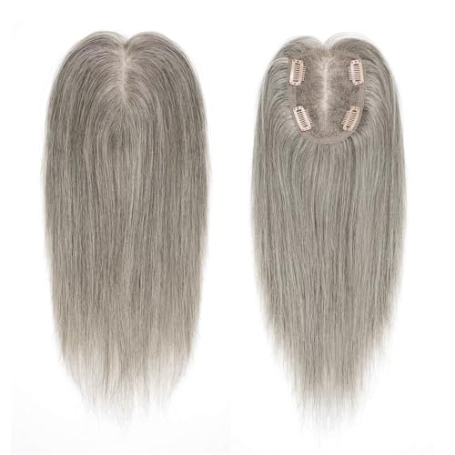 Hair Toppers for Women Real Human Hair, Light Grey 14 Inch 360¡Æ Cover Middle Part Topper for Women with Thinning Hair Realistic Scalp Line 4x4.8 Inch Upgrade Basement HairPieces