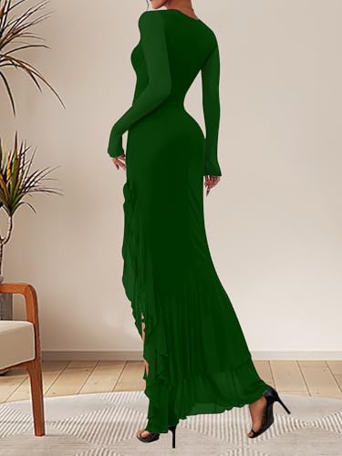 BORIFLORS Women's Bodycon Ruched Mesh Long Sleeve Maxi Dress Mermaid Ruffle Formal Cocktail Party Long Dresses