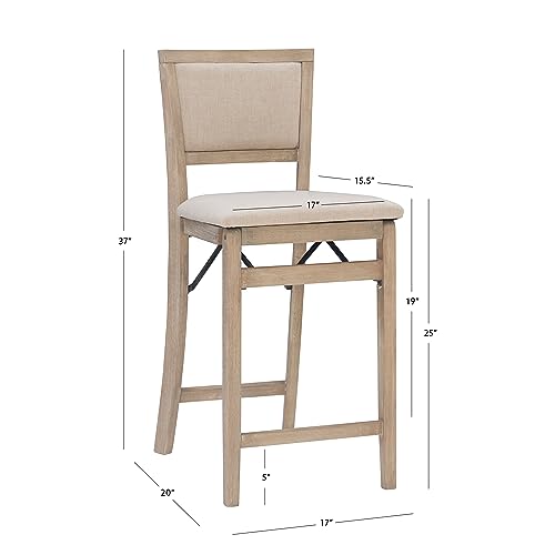 Linon Keira Natural Rustic Wooden Folding Counter Stool with Beige Upholstered Seat and Back