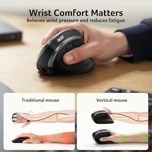 acer Ergonomic Mouse Wireless, Vertical Computer Mouse for Office, Ergo Mice Rechargeable for Right Hand, 2.4GHz USB Recei...