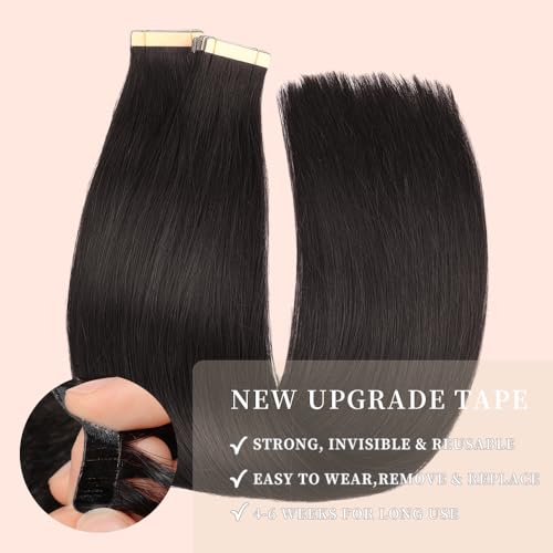 Human Hair Tape in Extensions Jet Black 20pcs Seamless Skin Weft Tape in Hair Extensions 24 Inch Straight Double Sided Remy Invisible Tape in Hair Extensions Human Hair (1#,24 Inch)