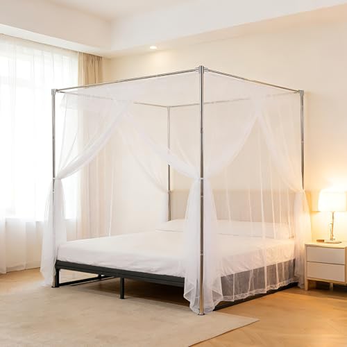 Hosercap Canopy Bed Frame Full Size, Stainless Steel Metal Bed Post Poles, Heavy Duty 4 Poster Floor Bedframe, Freestandin...
