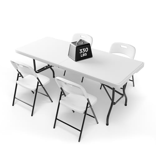 Ortus Collective 6FT Folding Table Set with 4 Folding Chairs, Heavy Duty 330 lbs Table & 600 lbs Chairs, Portable Folding ...