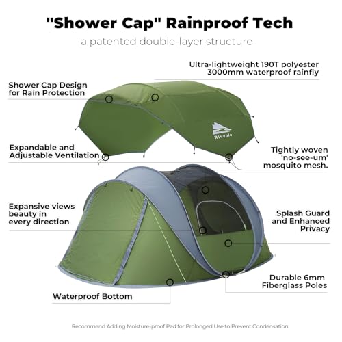 4 Person Easy Pop Up Tent, Automatic Setup, Waterproof, 2 Doors-Instant Family Tents for Camping, Hiking & Traveling, 9.5’...