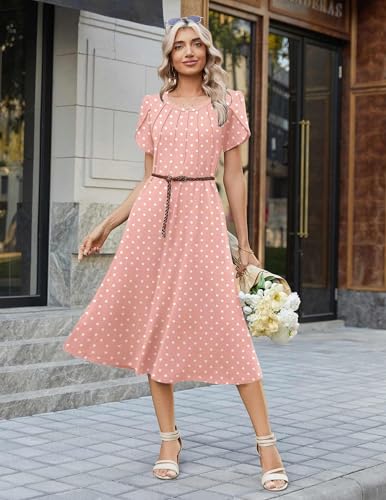ZEAGOO Womens Casual Summer Dress 2026 Petal Short Sleeve Dresses with Pleats Midi A Line Flowy Dress Boho Sundress