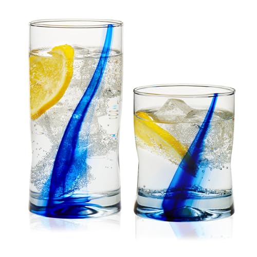 Libbey Blue Ribbon Tumbler and Rocks Drinking Glass Set of 8, Artisanal, Four-Dimpled Glass Cups Set, Clear Glassware Drin...