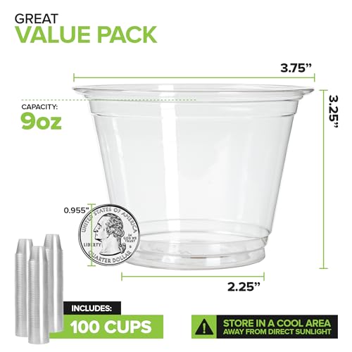 Stock Your Home 9 oz Clear Commercially Compostable Cold Cups (100 Pack) PLA Disposable Party Cup for Water, Wine & Beer