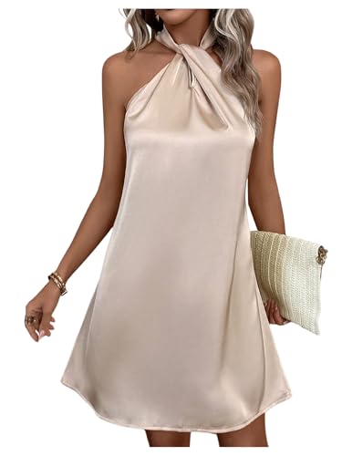 Floerns Women's Pearl Beaded Halter Twist Sleeveless Tie Back Dress A Line Dress