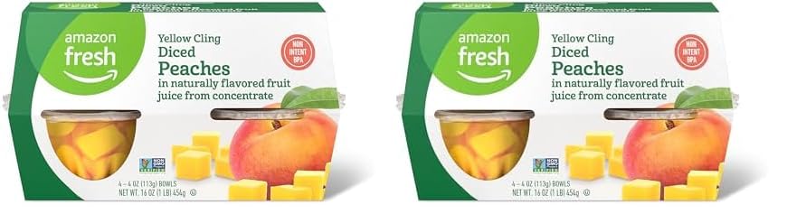 Amazon Brand - Happy Belly Fruit Bowls, Yellow Cling Diced Peach in 100% Juice, 4 Count, 4 Ounce Bowls (Pack of 2)