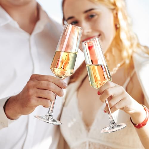 Ocean ice Glass Champagne Flutes Glass, Champagne Glasses Set of 2, Stemmed Mimosa Glasses 9oz, Hand Blown Champagne Flute...