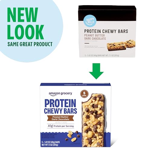 Amazon Grocery, Protein Chewy Bars, Peanut Butter Dark Chocolate Flavor, 7.1 Oz, 5 Ct (Previously Happy Belly, Packaging M...