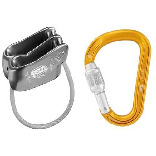 Petzl Verso Belay Device with Attache Screw-Lock Carabiner - Compact, Lightweight Belay Device, for One or Two Rope Strands While Climbing or Rappelling - Grey