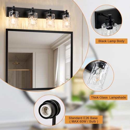 AMRUIPO 4 Light Bathroom Vanity Light Modern Black Bathroom Light Fixtures Over Mirror with Hammered Glass Lampshade for Kitchen Hallway