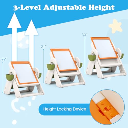 Costzon 6-in-1 Kids Table and Chair, Folding Height-Adjustable Art Easel w/Reversible Building Block Tabletop & Whiteboar...