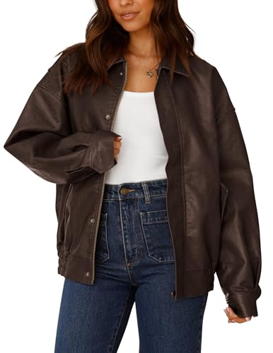 PRETTYGARDEN Women's Faux Leather Motorcycle Jacket Trendy Fall Spring Clothes Oversized Zip Up Winter Coat Outerwear