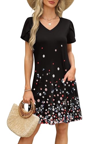OFEEFAN Womens Summer Dresses 2025 Tulip Petal Short Sleeve V Neck Loose Swing Sundresses with Pockets Plain/Print