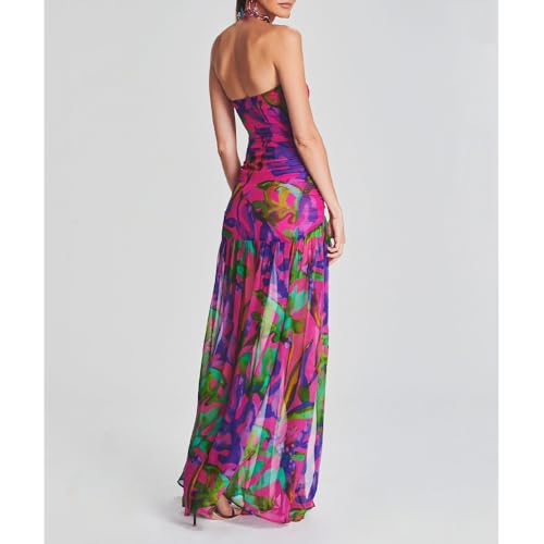Women Tube Top Dress Tiger Stripe Mesh Patchwork Maxi Dress Strapless Sexy High Slit Long Dresses Party Clubwear