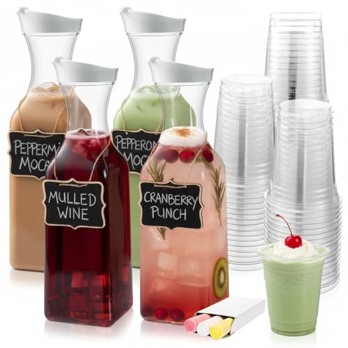 Chengu 61 Pcs Mimosa Bar Supplies 4 Pack 50 oz Plastic Water Carafe with Lid and Cups Label, Clear Pitcher with Lid Tags D...