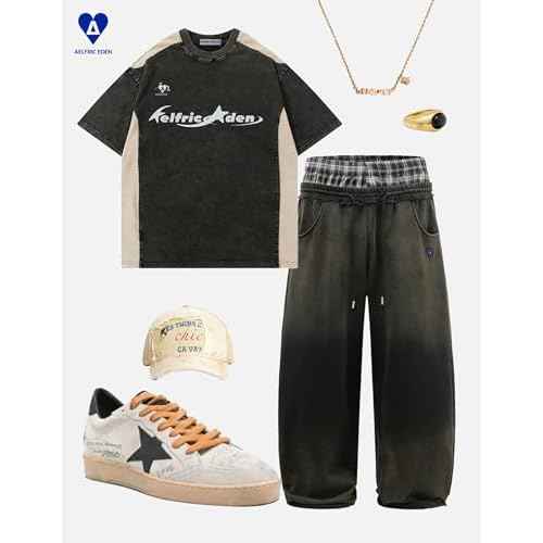 Aelfric Eden Double Waist Washed Baggy Sweatpants Loose Wide Leg Plaid Patchwork Casual Pants with Pockets