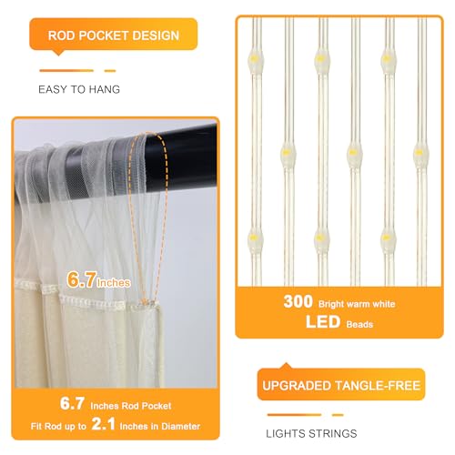 Fomcet Champagne Backdrop Curtains with Lights String 10X10FT Polyester Fabric & Tulle Curtains Backdrop Drapes for Back D...