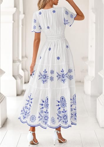 PRETTYGARDEN Boho Dresses for Women 2026 Summer Spring Casual Floral Short Sleeve V Neck Maxi Elastic Waist Dress Pockets