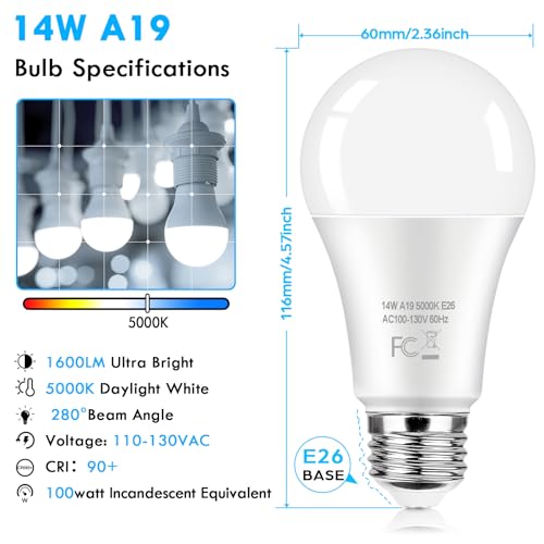 LED Light Bulbs 100 Watt Equivalent 1600 Lumens, A19 14W Super Bright Daylight White 5000K LED Bulbs, Standard E26 Medium ...