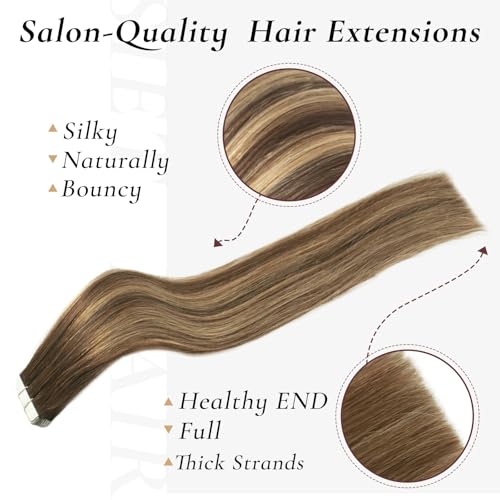 Tape in Hair Extensions Human Hair, 20pcs 50g 20 Inch Tape in Hair Extensions,Balayage Chocolate Brown To Caramel Blonde,Invisible Remy Silky Straight Natural Thick Real Human Hair Extensions