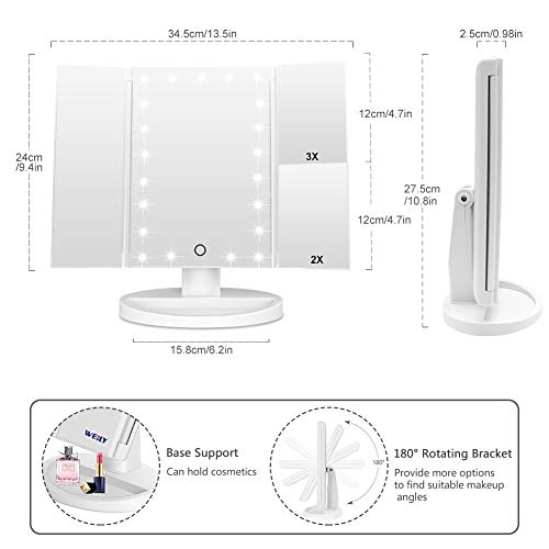 WEILY Makeup Mirror with 21 LED Lights,Two Power Supply Modes, Adjustable Touch Screen and 1x/2x/3x Magnification Tri-Fold Vanity Mirror,Chargeable Travel Cosmetic Mirror for Desktop(White)