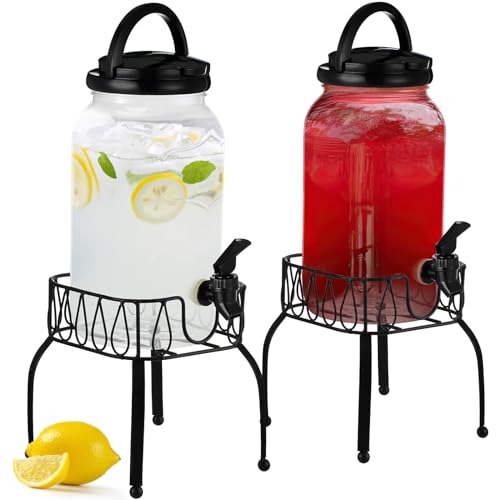 Tanlade 2 Pcs Plastic Drink Dispenser with Stand Beverage Dispenser with Sturdy Metal Base Juice Jar for Parties Lemonade ...