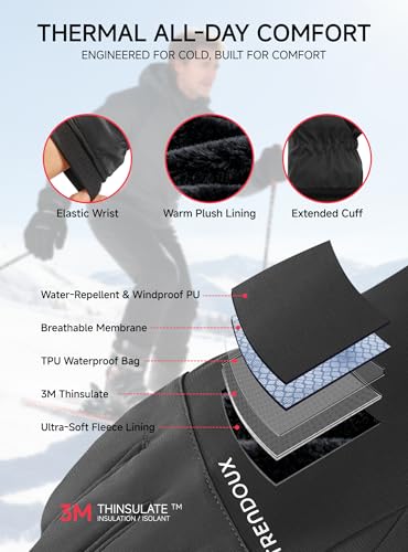 TRENDOUX 100% Waterproof Windproof Gloves: 3M Touchscreen Ski Snow Winter Gloves for Men Women Cold Weather, Thermal Warm ...