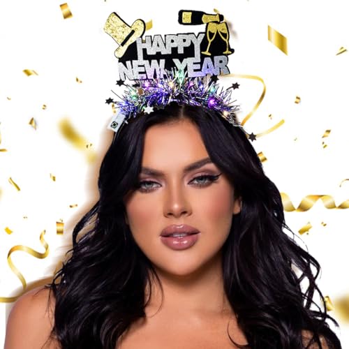 Abien Light Up Happy New Year Headbands Glitter Beer Hairband LED Hat Feather Headhoop New Year Party for Women