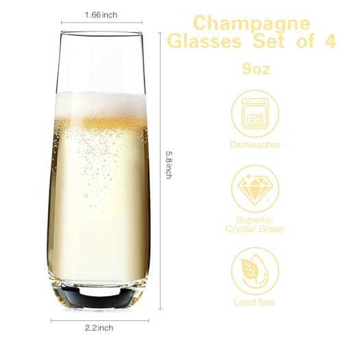 Ocean ice Stemless Champagne Flutes 9oz, Champagne Glasses Set of 4, Mimosa Glasses, Hand Blown Crystal Glass Champagne Fl...