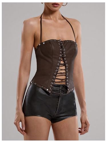 WDIRARA Women's PU Leather Lace Up Halter Top Vintage Western Sleeveless Backless Camisole Tops