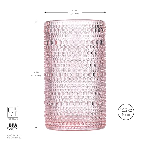 Glaver's Hobnail Drinking Glasses, Pink Vintage Glassware Set, Beaded Drinking Glasses, Set Of 4 15 oz Cocktail Glass Set,...