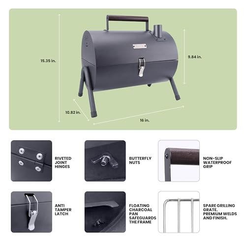 Mini Portable Charcoal Grill & Small Tabletop BBQ - Tailgate Camping Travel Grill for Balcony - Barrel Style w/Griddle & P...