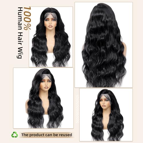 13x6 Body Wave Lace Front Wigs Human Hair Pre Plucked Real Human Hair Wigs 200 Density HD Transparent Lace Frontal Wigs Natural Black Glueless Wig 24 Inch