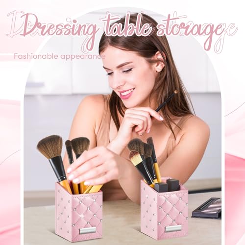 ReliThick 2 Pcs Pink Makeup Brush Holder Crystal Bling Brushes Cup PU Leather Waterproof Glitter Makeup Holder for Women T...