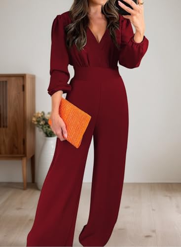 Pink Queen 2026 Jumpsuits for Women Dressy Long Sleeve V Neck Wide-Leg Romper Business Casual Outfits