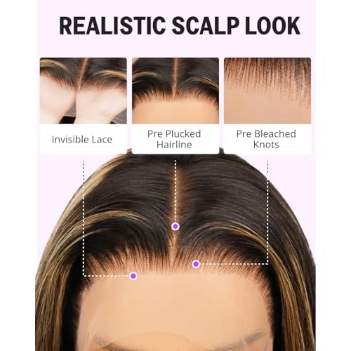 Highlight Ombre 13x4 HD Lace Frontal Wig Human Hair Pre Plucked Pre Cut Lace 210% Density Balayage Straight Short Bob Wigs for Women 12 Inch