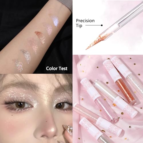 6Pcs Liquid Glitter Eyeshadow Eyeliner, Korean Makeup, Bling Under Eye Shadow, Shimmer Eye Make Up Valentine's Gift Set,Lo...