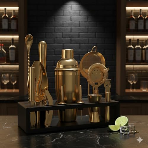 Highball & Chaser Bartender Kit with Espresso Bamboo Stand. Beautiful Cobbler Cocktail Shaker Set with Bar Tools Rustproof...