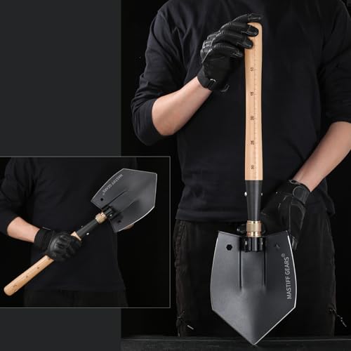 MASTIFF GEARS WWII M38 Military Style Folding Shovel - 1050 Steel, Nordic Beechwood Handle, Axe/Hammer, MOLLE Sheath for C...