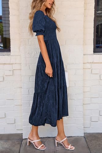 PRETTYGARDEN Women's 2026 Summer Casual Midi Dresses Square Neck Short Sleeve Smocked A Line Floral Flowy Elegant Boho Dress
