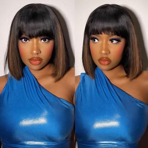 Bob Wig with Bangs Human Hair Glueless HD Lace Straight Short Bob Wig with Brown Highlights, Ready to Go Short Wigs For Women £¨12 Inch bob wig£©